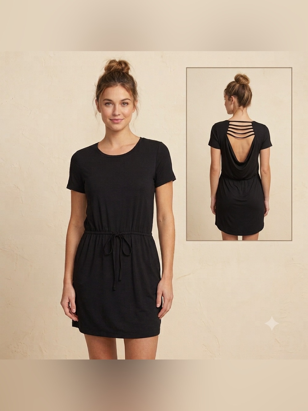 Chaser Strappy Open Back Cowl Back T Shirt Dress with Tie Waist Womens Size M